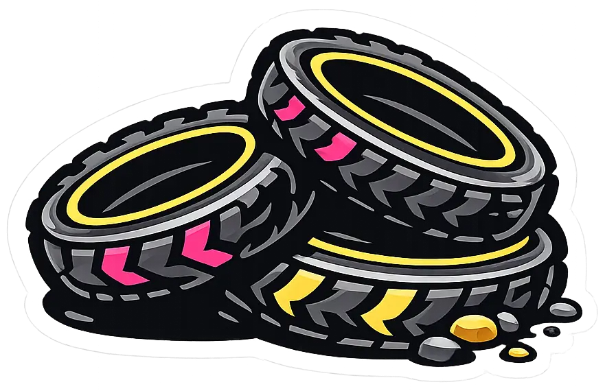 A pile of three bike tyres with pink and yellow tread markings