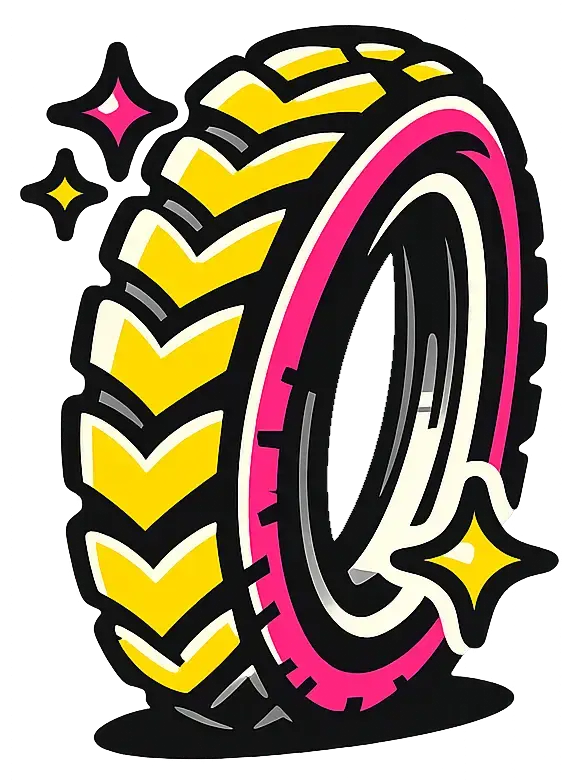 A glowing bike tyre with a pink sidewall and yellow tread knobs
