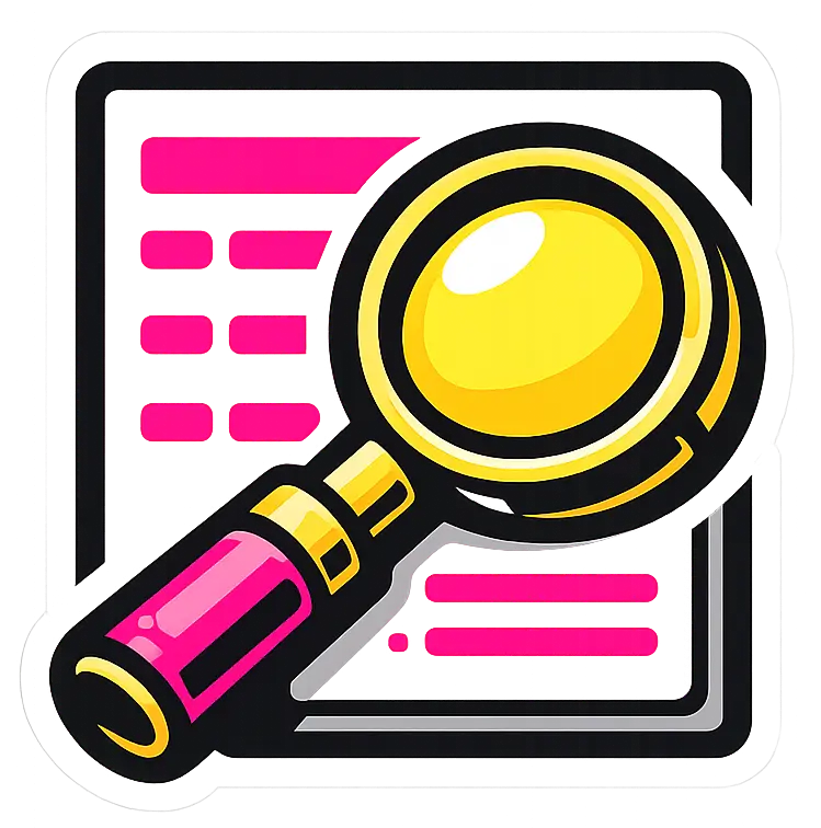 A magnifying glass over a spec sheet with pink data rows